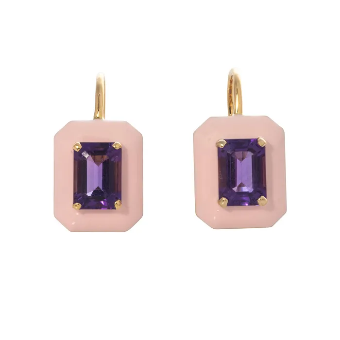 Goshwara EmeraldCut Amethyst Pink Enamel 18K Gold Earrings Goshwara Earrings Goshwara EmeraldCut Amethyst Pink Enamel 18K Gold Earrings Goshwara Earrings