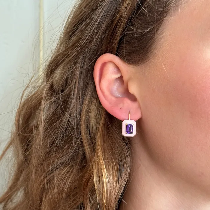 Goshwara EmeraldCut Amethyst Pink Enamel 18K Gold Earrings Goshwara Earrings