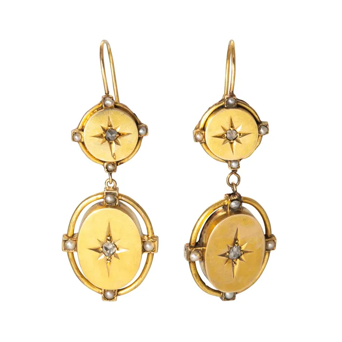 Victorian Diamond Seed Pearl 14K Gold Double Drop Earrings Croghans Earrings Victorian Diamond Seed Pearl 14K Gold Double Drop Earrings Croghans Earrings