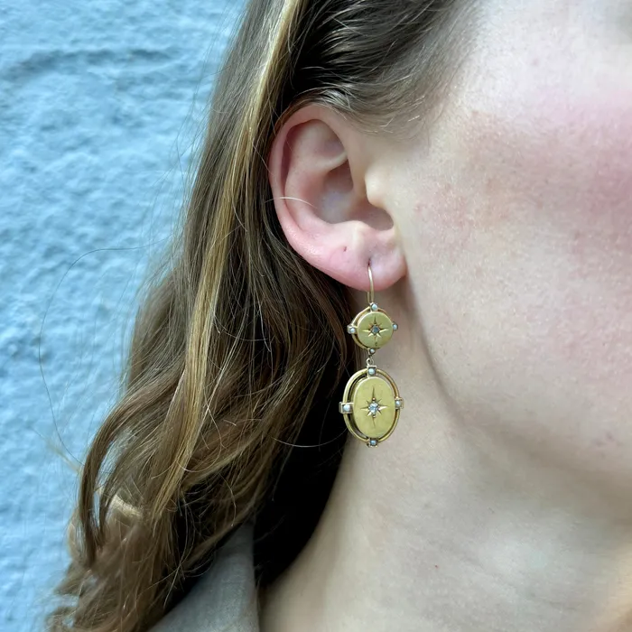 Victorian Diamond Seed Pearl 14K Gold Double Drop Earrings Croghans Earrings