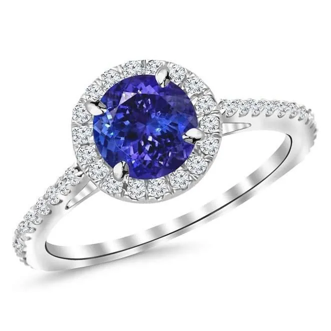 Rings GB 985 Ct Round Cut Tanzanite And Natural Earth Mined Diamonds Ring 14K White Gold