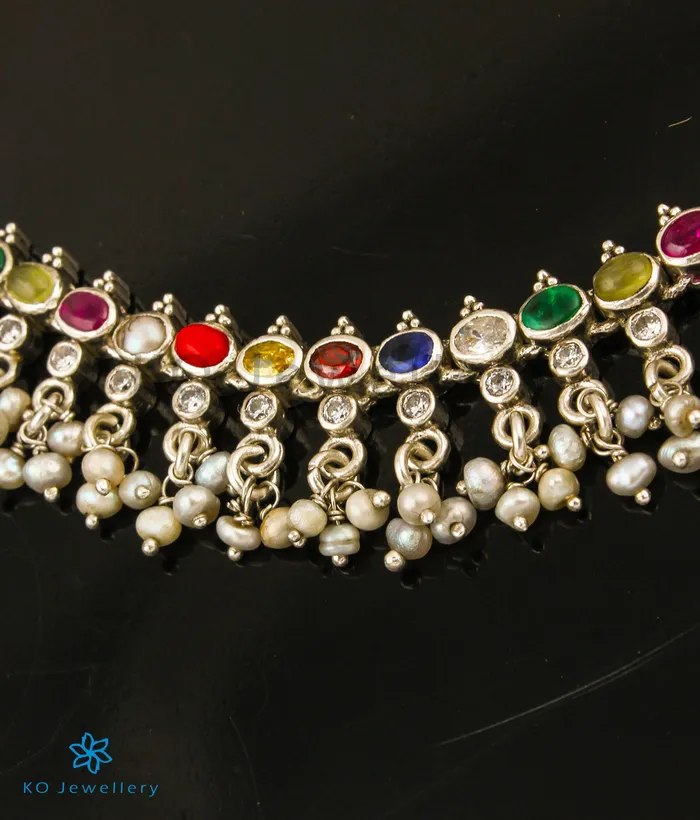 Silversmith The Prerna Silver Navratna Necklace ShortOxidised Necklaces