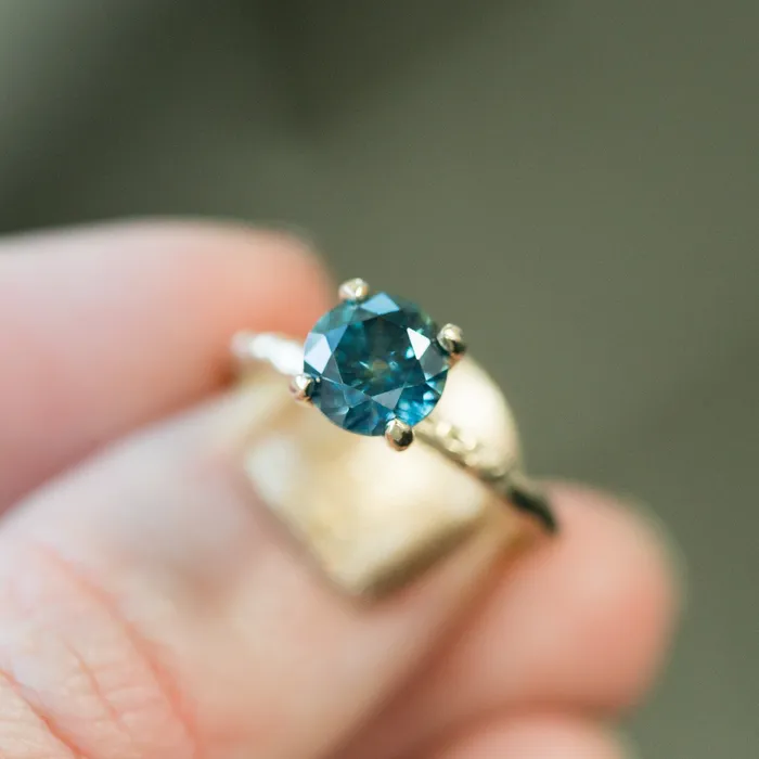 Anueva Jewelry Rings 187ct Round Montana Sapphire Ring with V Gallery 14k Yellow Gold Evergreen