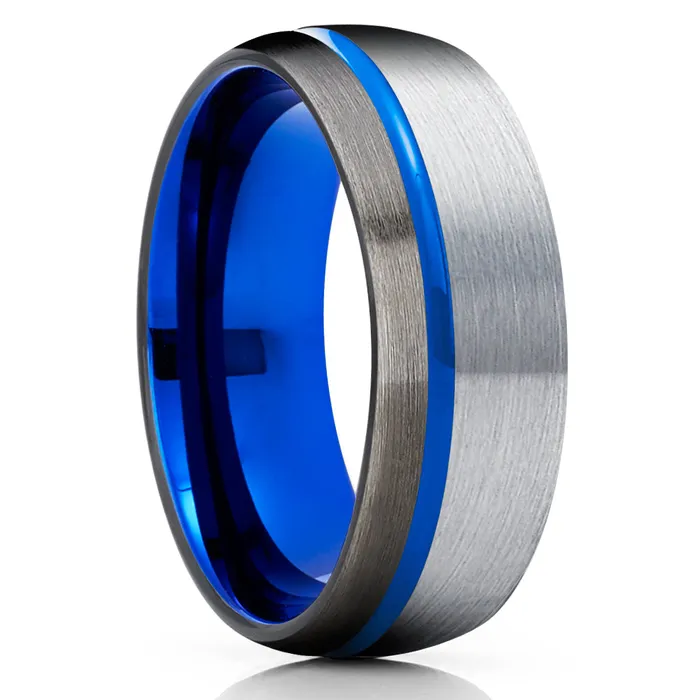 Blue Wedding Band Blue Tungsten Ring Gunmetal Tungsten Ring Blue Tungsten Band Clean Casting Jewelry Rings