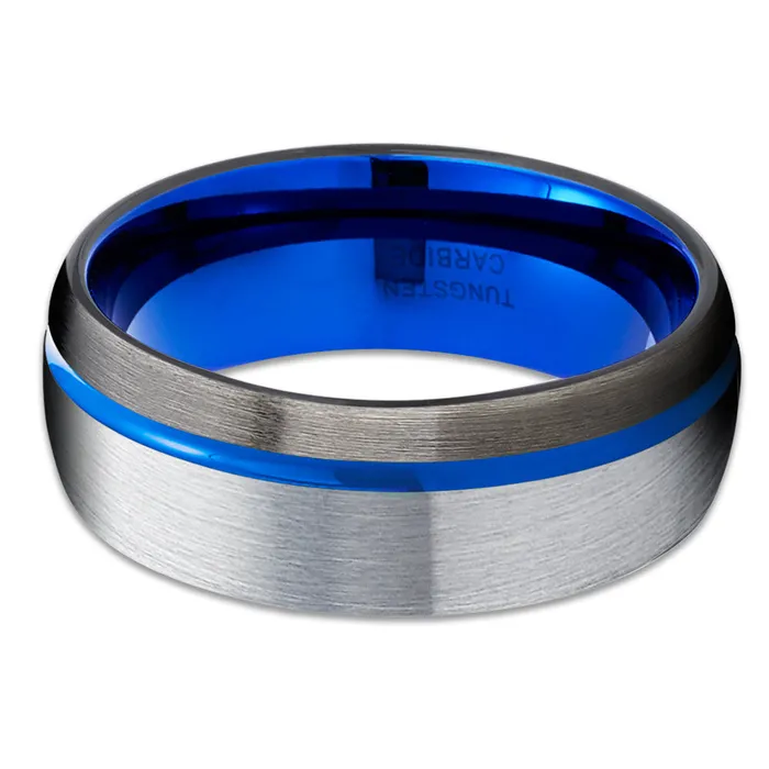 Blue Wedding Band Blue Tungsten Ring Gunmetal Tungsten Ring Blue Tungsten Band Clean Casting Jewelry Rings