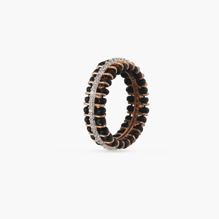 Forever Elegant CZ Silver Black Bead Band Ring SILVER Rings