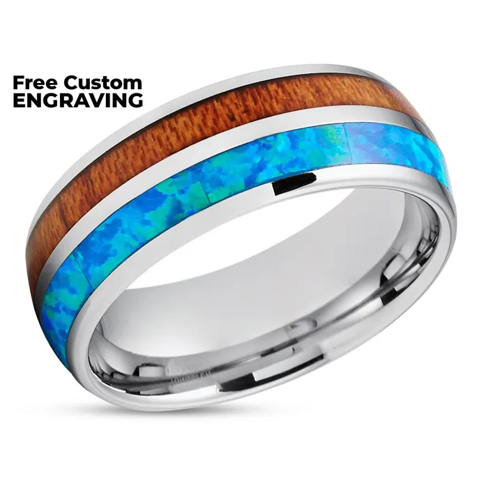 Koa Wood Tungsten Ring Turquoise Tungsten Ring Wood Tungsten 8mm Clean Casting Jewelry Rings
