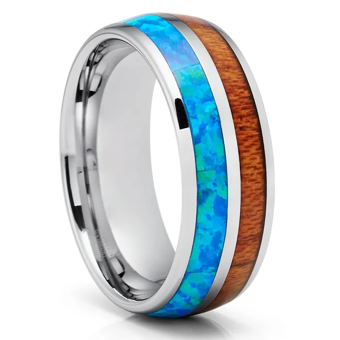 Koa Wood Tungsten Ring Turquoise Tungsten Ring Wood Tungsten 8mm Clean Casting Jewelry Rings