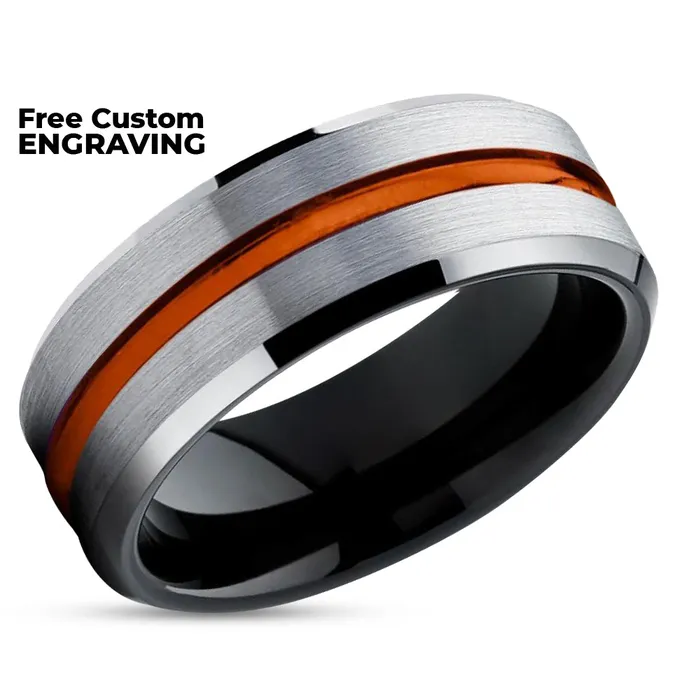 Orange Wedding Band Tungsten Wedding Ring Black Tungsten Ring Wedding Ring Clean Casting Jewelry Rings