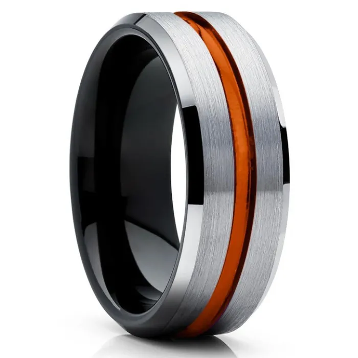 Orange Wedding Band Tungsten Wedding Ring Black Tungsten Ring Wedding Ring Clean Casting Jewelry Rings