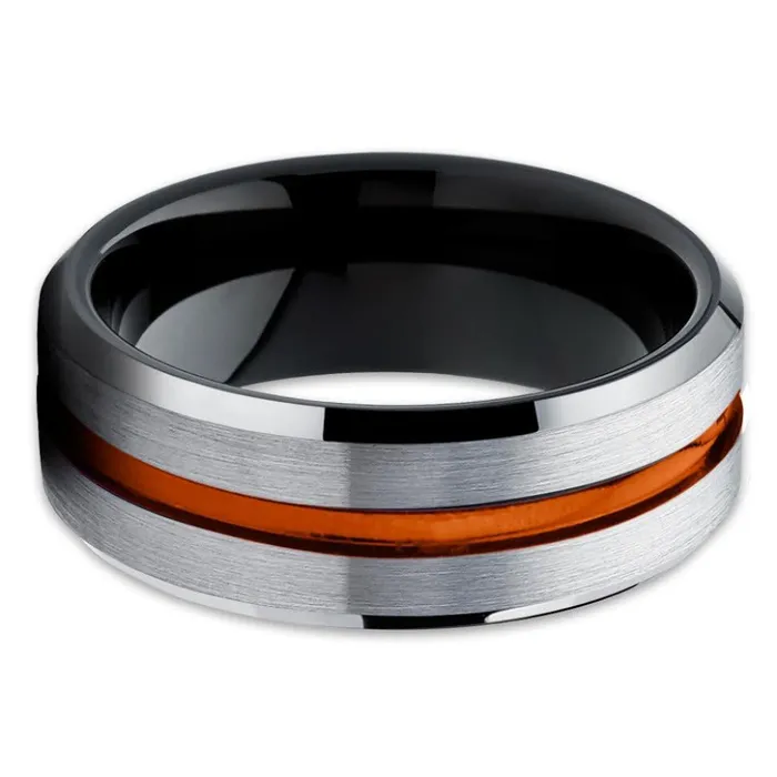 Orange Wedding Band Tungsten Wedding Ring Black Tungsten Ring Wedding Ring Clean Casting Jewelry Rings