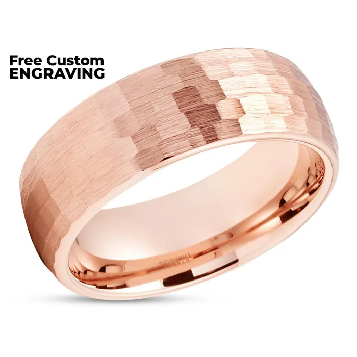 Rings Rose Gold Tungsten Wedding Ring Hammered Tungsten Ring Rose Gold Band Dome Ring Clean Casting Jewelry