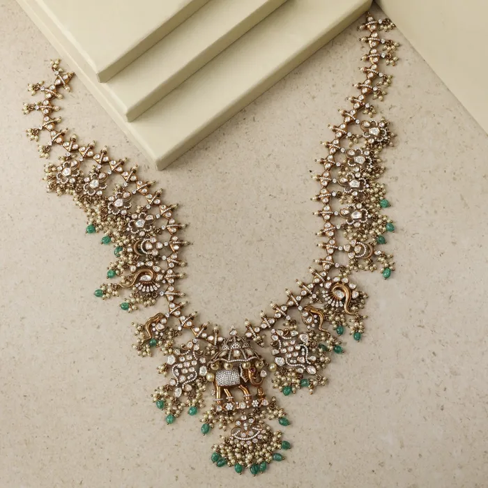 SILVER Necklaces Elephant Floral Moissanite Silver Long Necklace Set